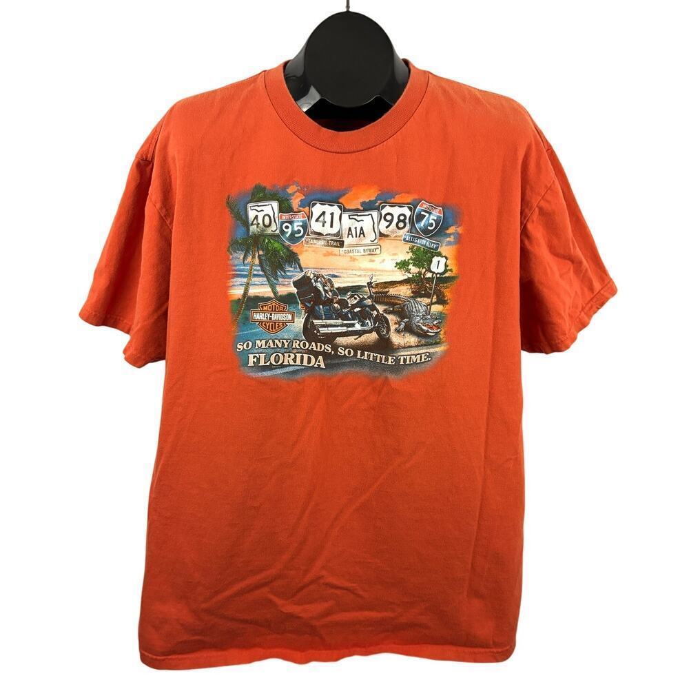 Harley Davidson Orange T-Shirt Motorcycle New Smyrna Beachโ FL 2010 Adult XL
